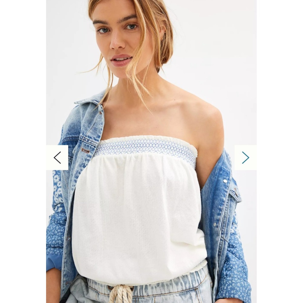 Anthropologie Breezy Tube Top White And Blue Sz M Embroidery Cottagecore